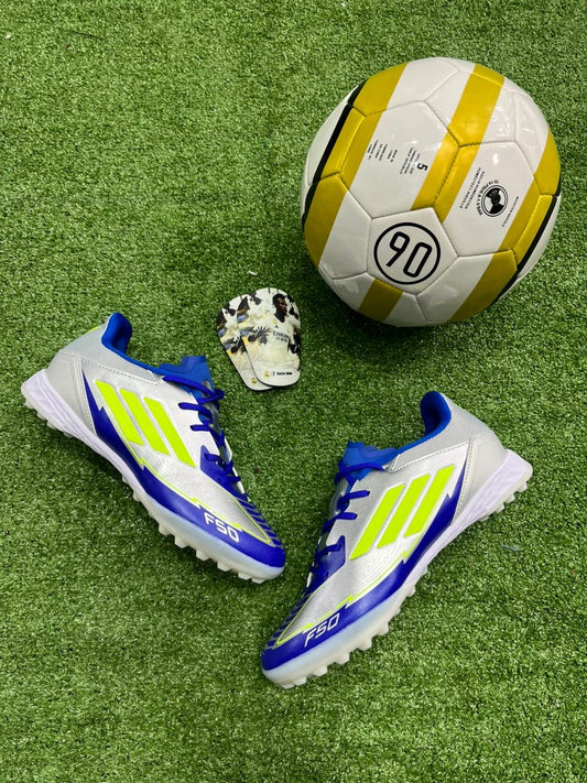 Adidas F50 Turf — Plata/Azul/Amarillo